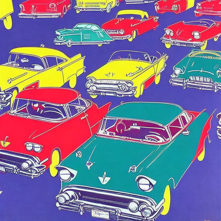 Vintage Cars in Various Styles Against Blue Background in Pop Art Illustration