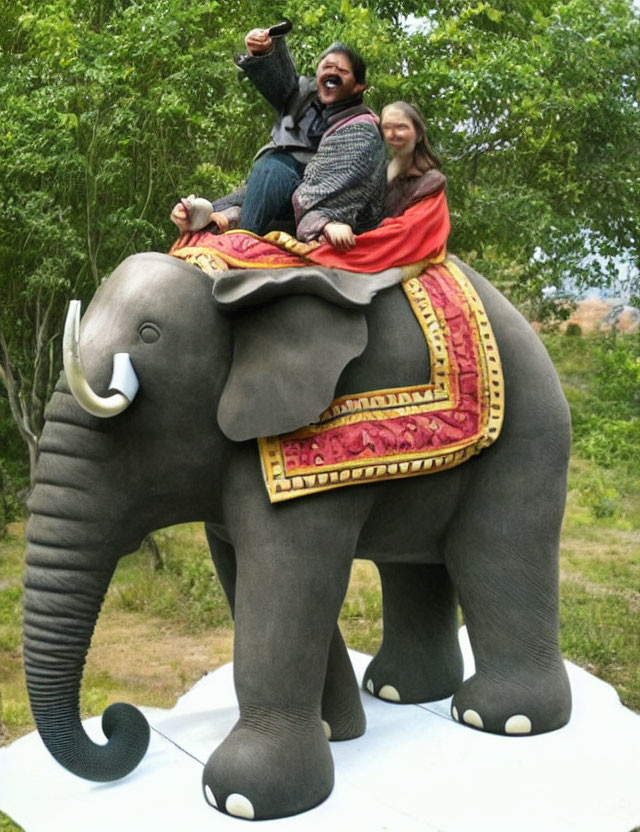 Two people smiling on life-size elephant statue with decorative blanket.