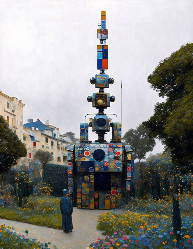 an antique robot in this Klimt - Mondrian mashup