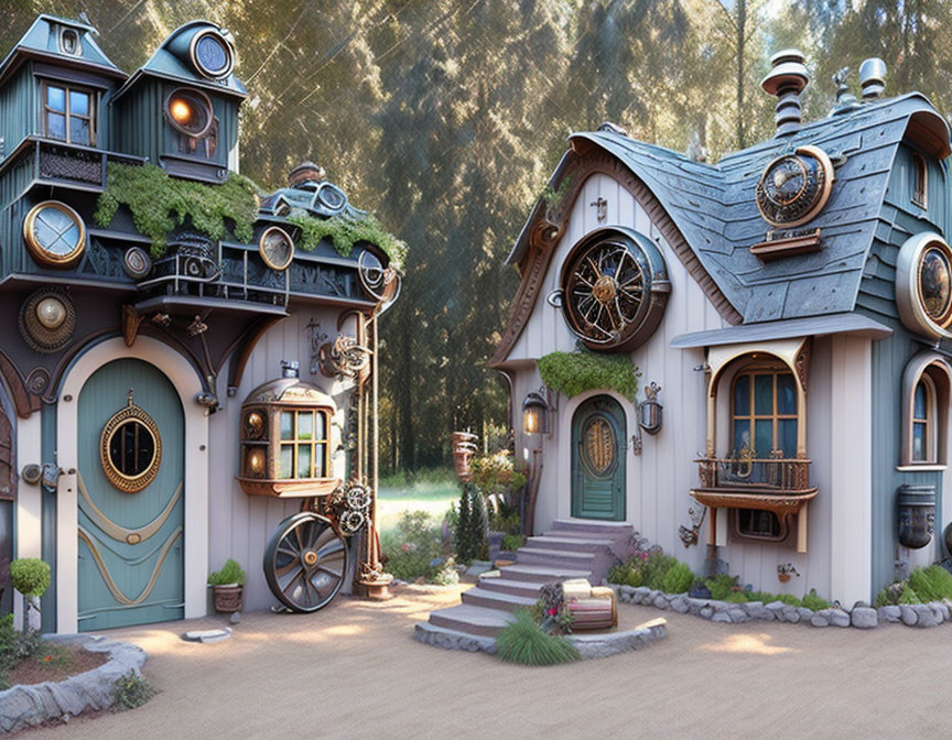 Steampunk-inspired house with gears and copper pipes in forest setting
