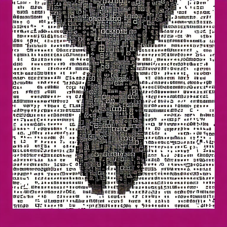 Silhouetted figures on pink and purple pixelated background