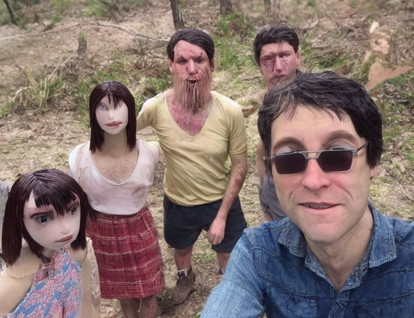Group selfie with four people and lifelike dolls in wooded area