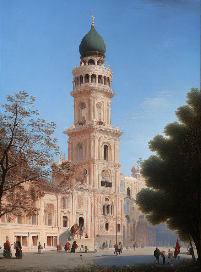 Ornate tower with green dome in classical setting under blue sky