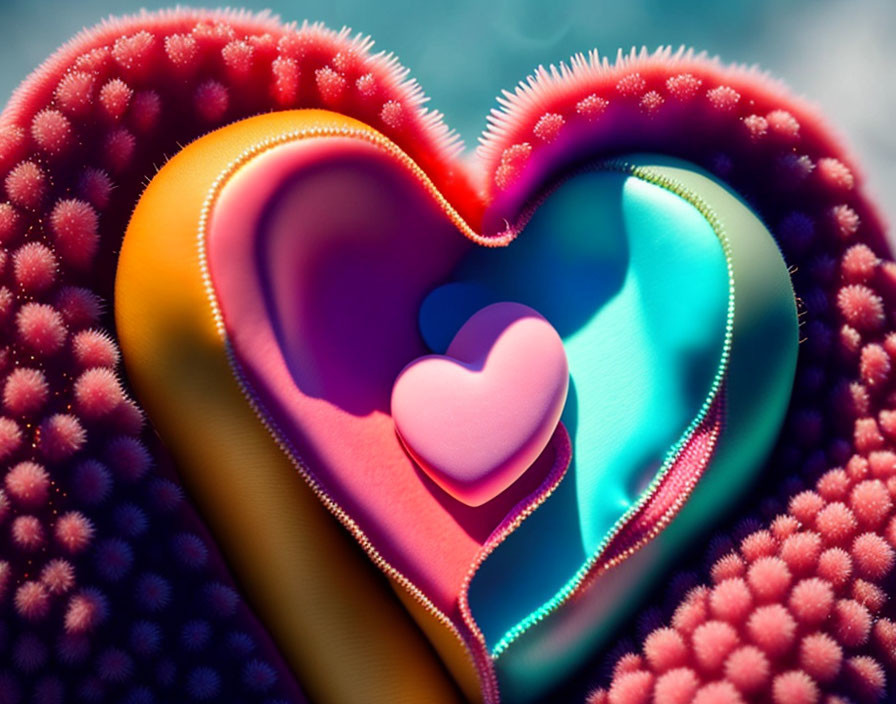 Colorful digital artwork: layered heart shapes in pink, red, and blue