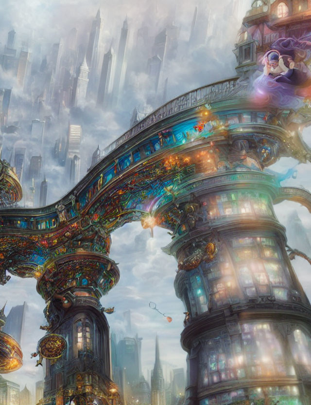 Fantastical cityscape with towering spires and floating orbs