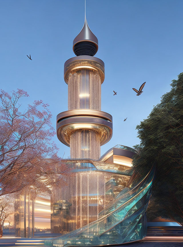 Modern glass tower surrounded by trees and birds at twilight