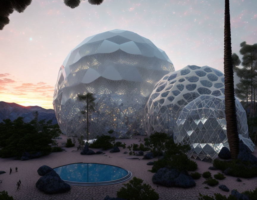 Geodesic Domes in Desert Sunset with Palm Trees & Pool