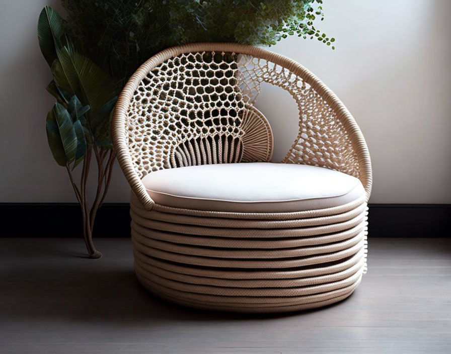 Round Wicker Chair with Woven Backrest and Cushion Beside Potted Plant
