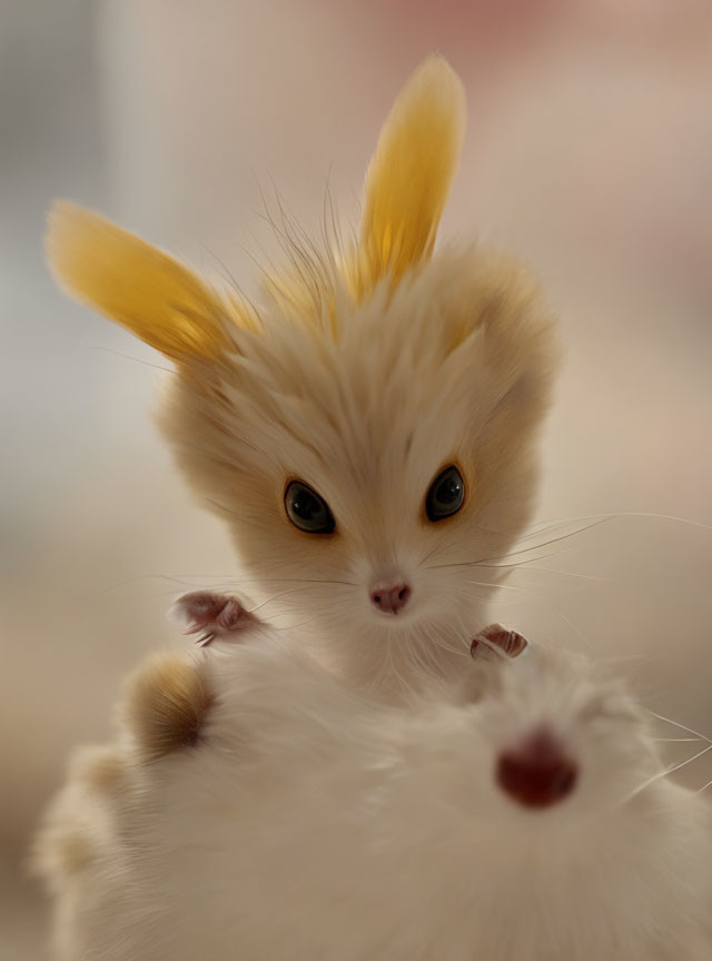Fluffy Cat-Like Creature with Yellow Ears and Big Eyes