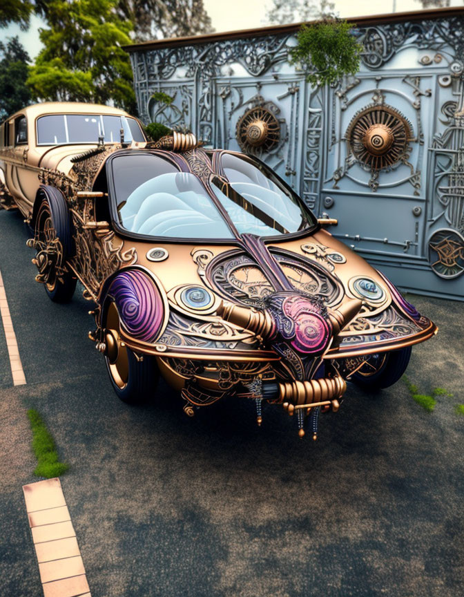 Steampunk-inspired car with intricate metal details parked in front of elaborate gates