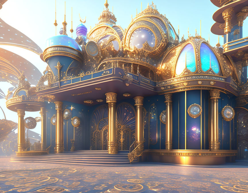 Ornate Golden and Blue Palace with Glowing Windows
