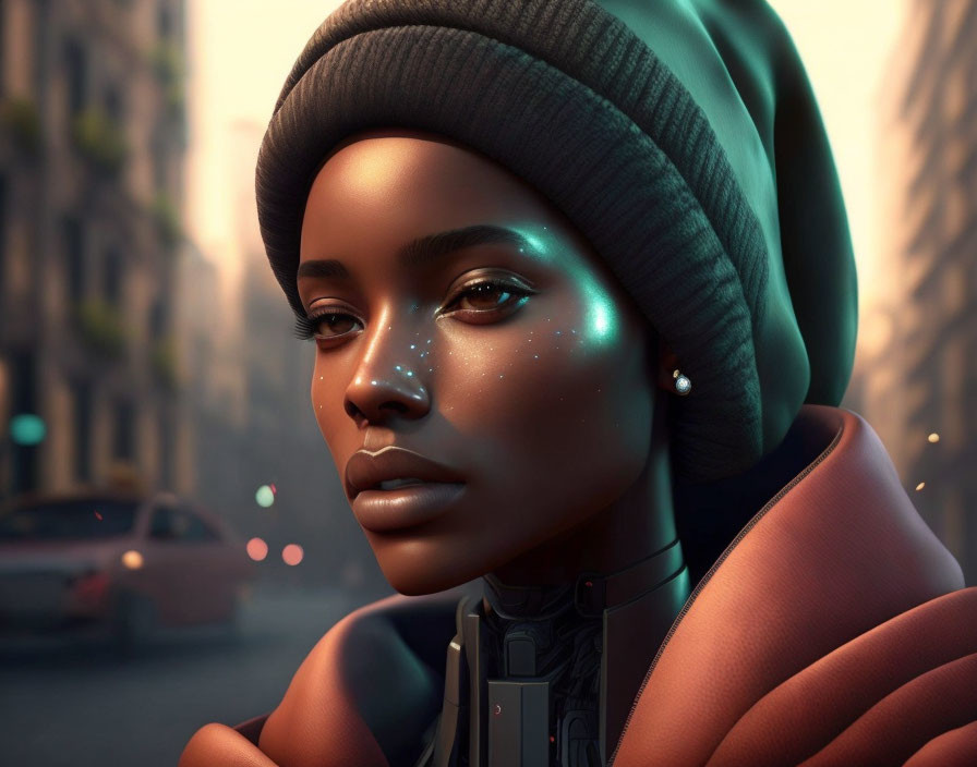 Digital artwork of woman with star-like freckles in beanie and high collared jacket against urban