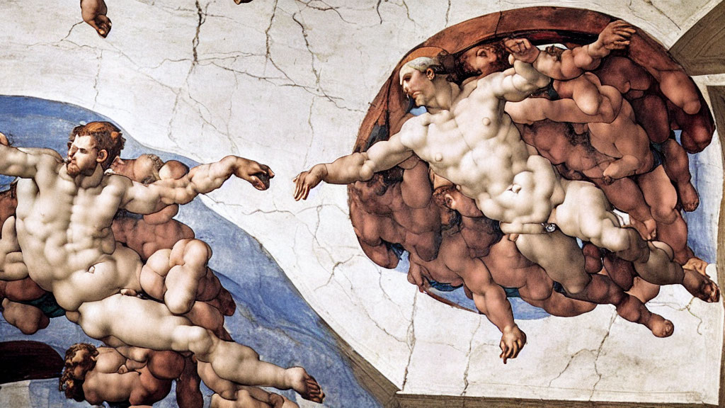 Muscular male figures reaching out in fresco segment