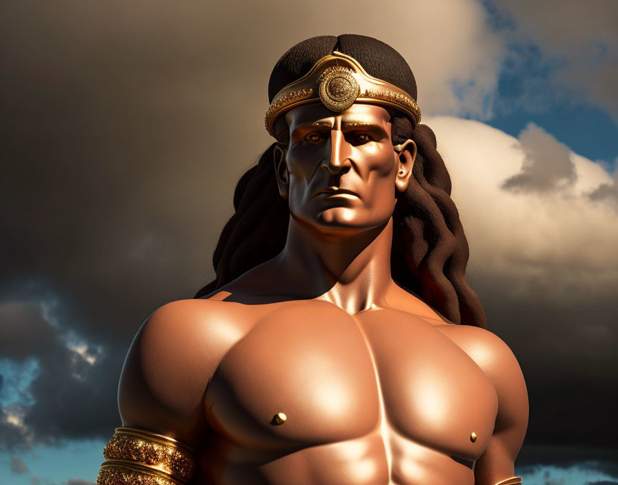 Muscular bronze-skinned male figure with headband and armlets under cloudy sky