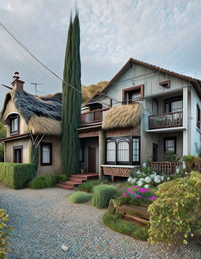 Quaint two-story house with thatched roof, cypress tree, cobblestone path, and