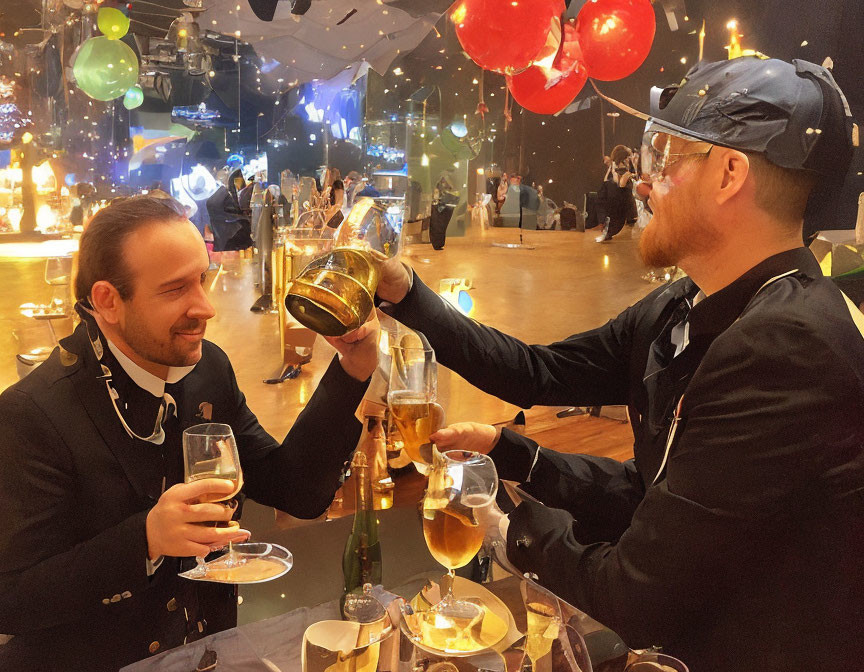 Men pouring champagne at festive party with dancers and balloons