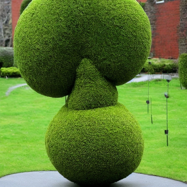 Green topiary sculpture with three spherical sections in garden setting.