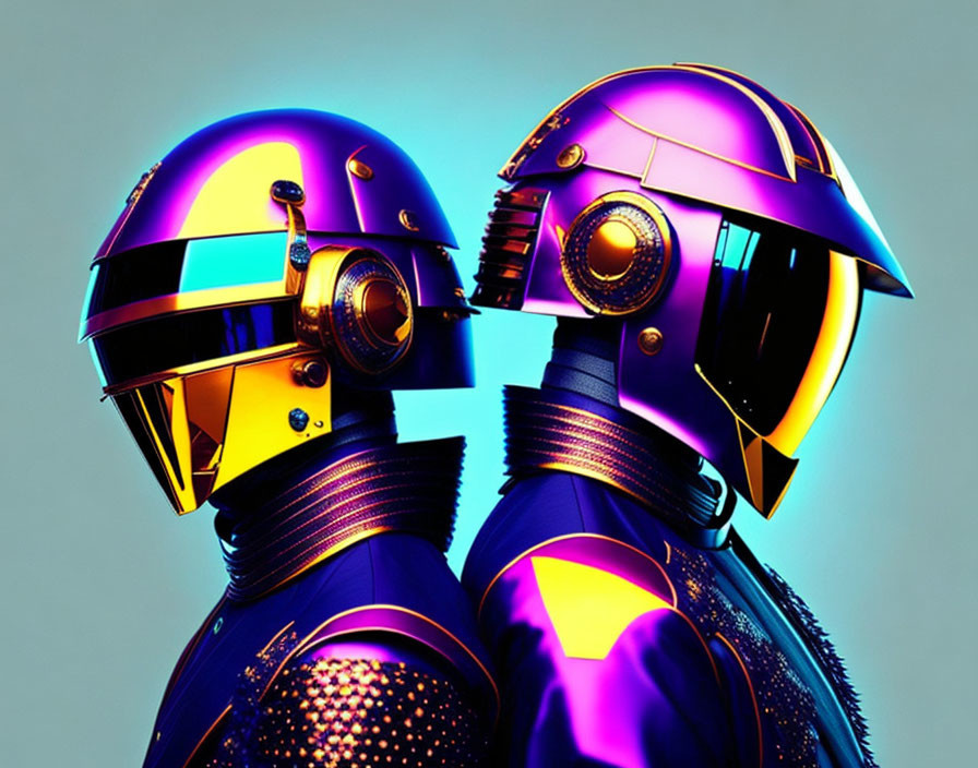 Colorful futuristic robots touching heads on blue gradient background
