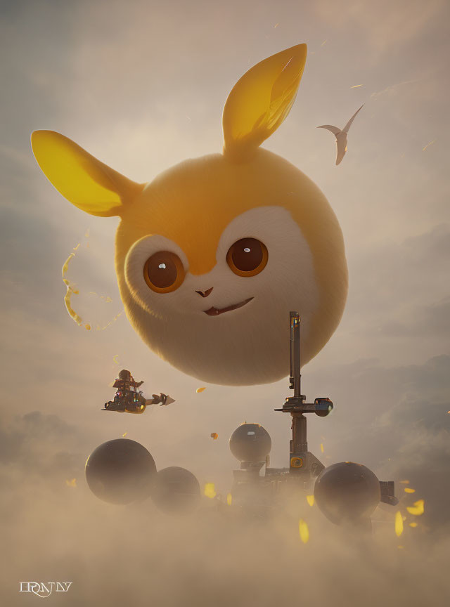 Whimsical digital artwork: Cute bunny head in sky with hoverbike character