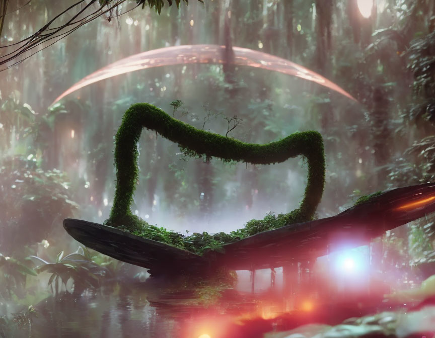 Lush green plant-covered musical note sculpture in mystical forest