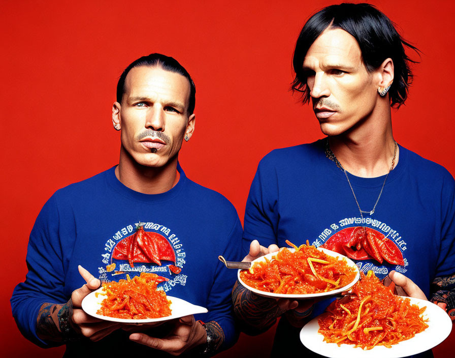 Two Men with Tattoos and Mustaches Holding Plates of Spaghetti on Red Background