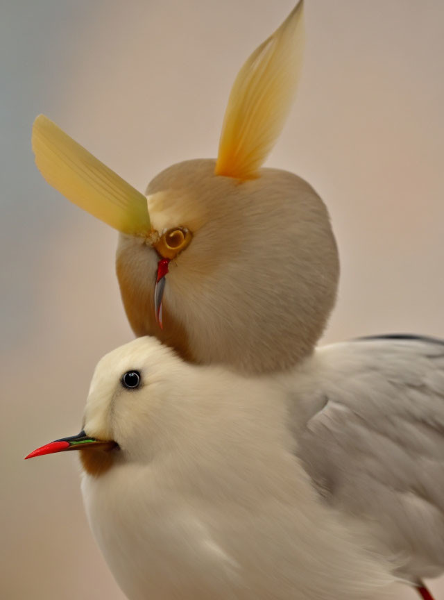 Cream-colored and white ornamental birds with soft feathers and red beak.