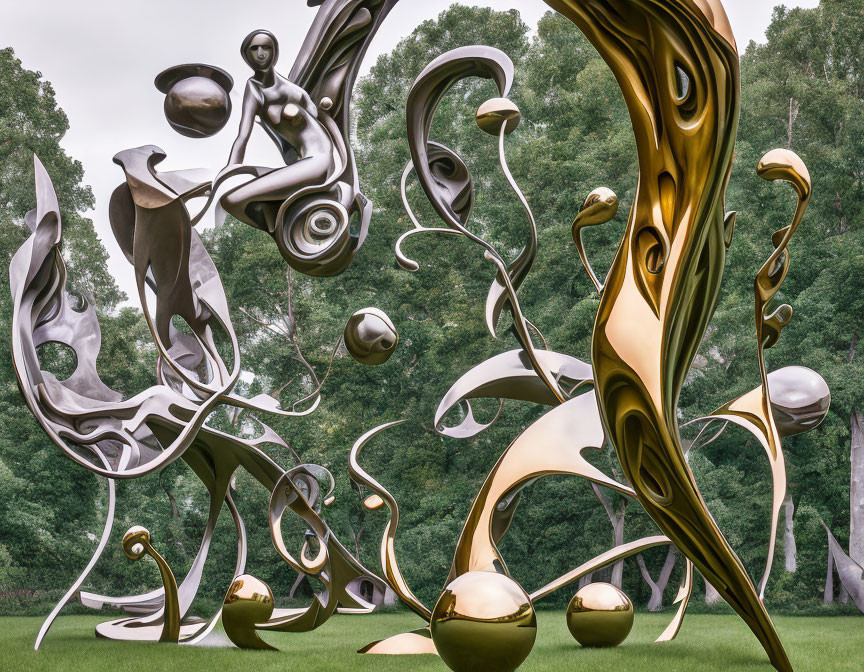 Abstract Sculpture with Gold and Silver Tones Amid Trees