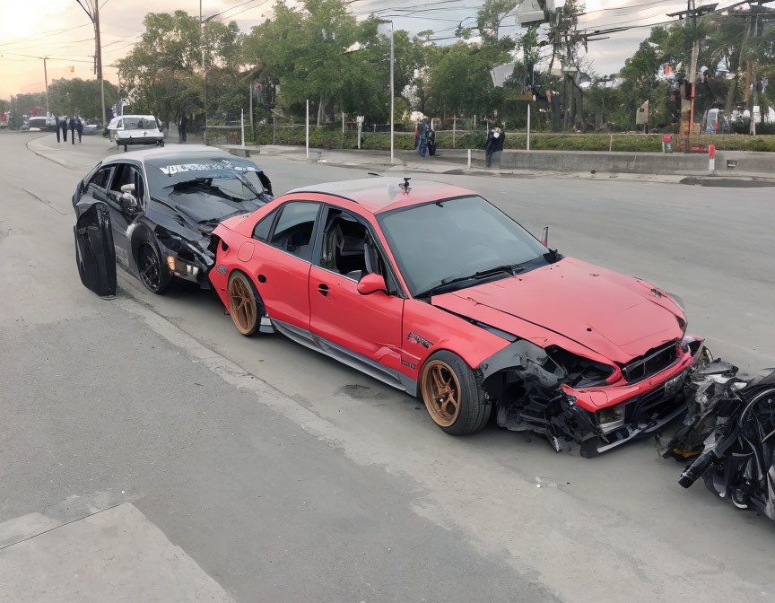 Heavily damaged black and red cars in accident scene with bystanders