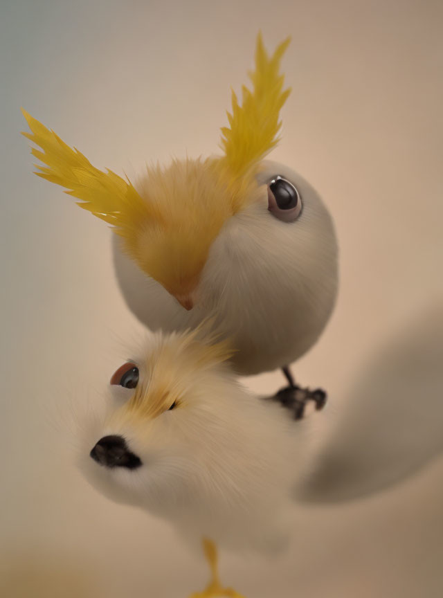 Fluffy cartoon birds with yellow crests and big eyes