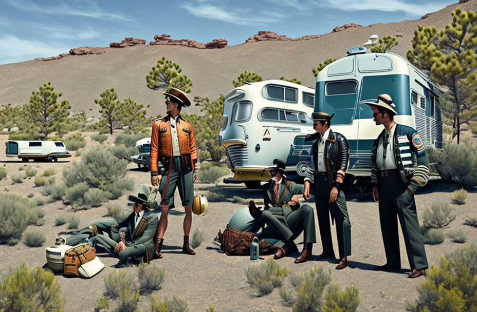 Vintage Outfits Gathering Around Classic Green Trailer in Desert Setting