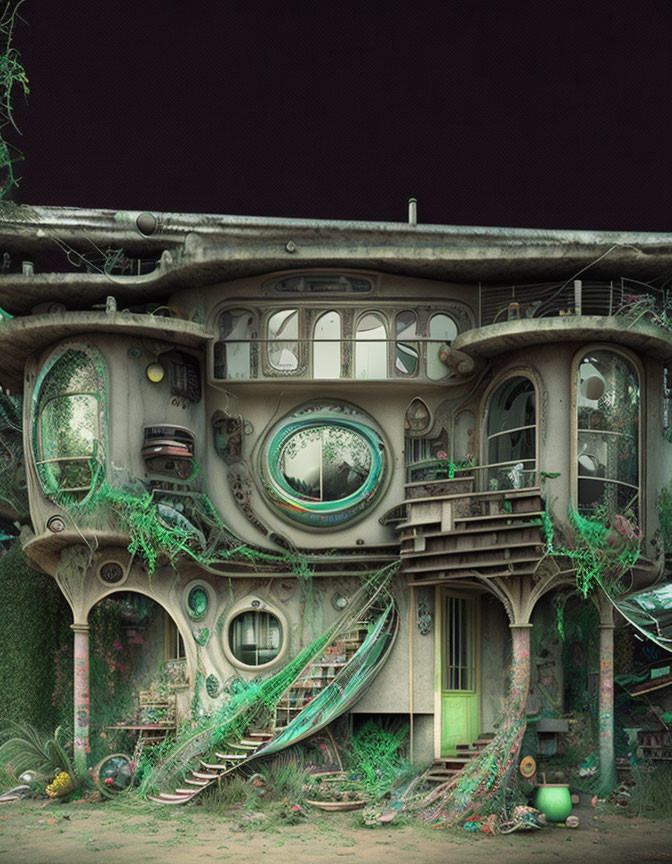 Overgrown house with circular windows and green vines