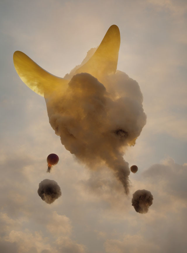 Whimsical cloud formation resembling jumping rabbit in golden light