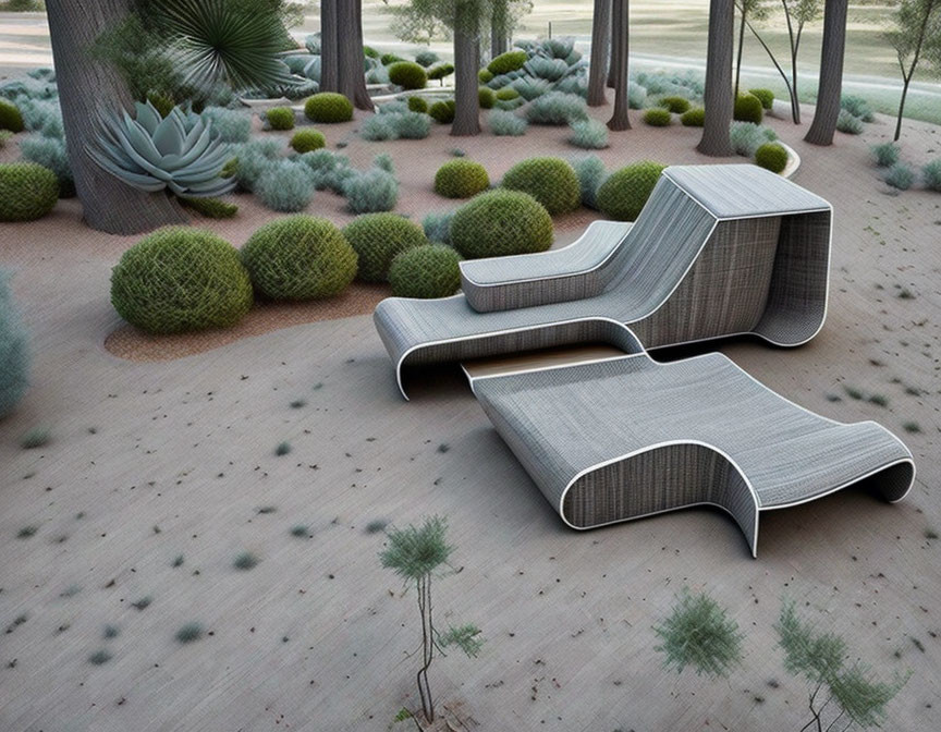 Curved Lounge Chairs in Serene Garden with Spherical Bushes