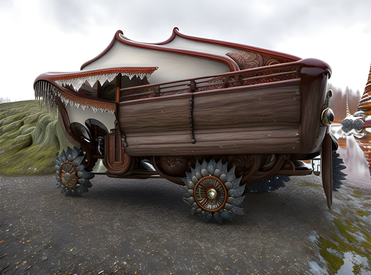 Ornate Fantasy Wooden Carriage on Cloudy Sky Terrain