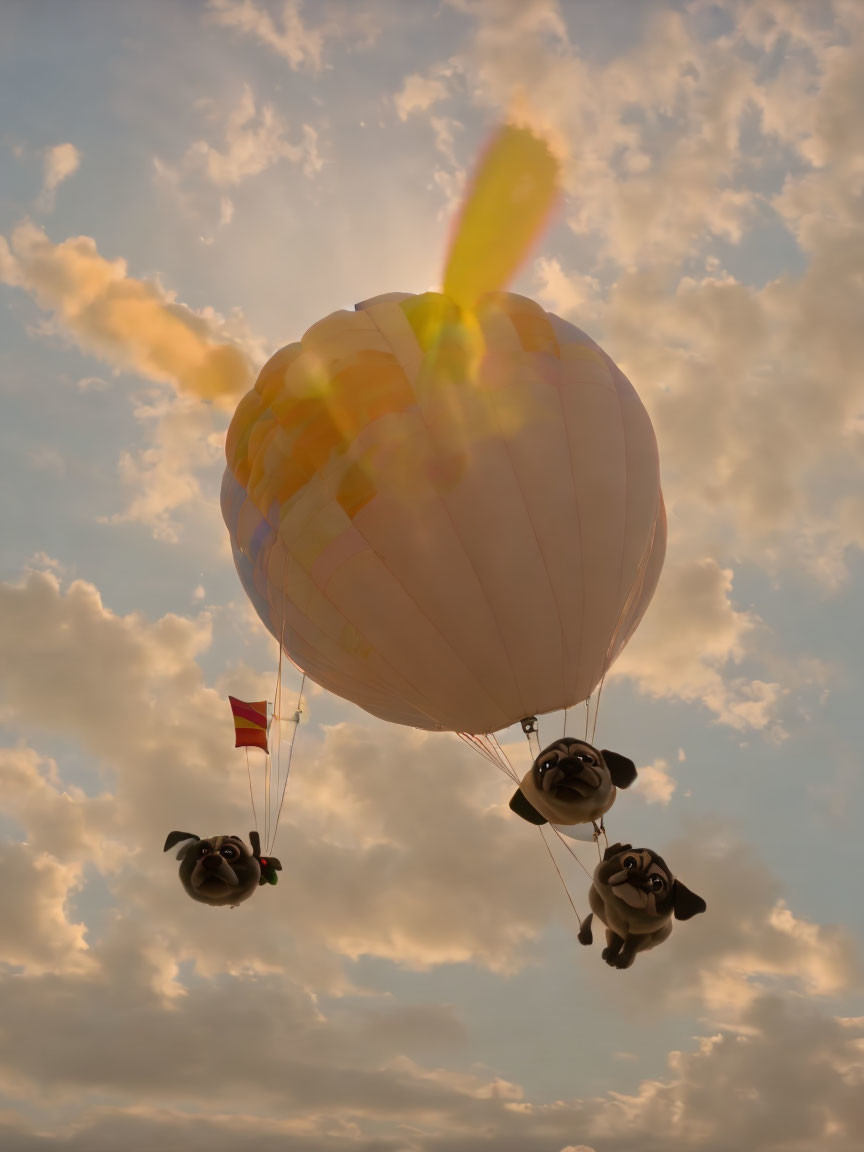 Three pugs in aviator goggles and scarves on hot air balloon at sunset