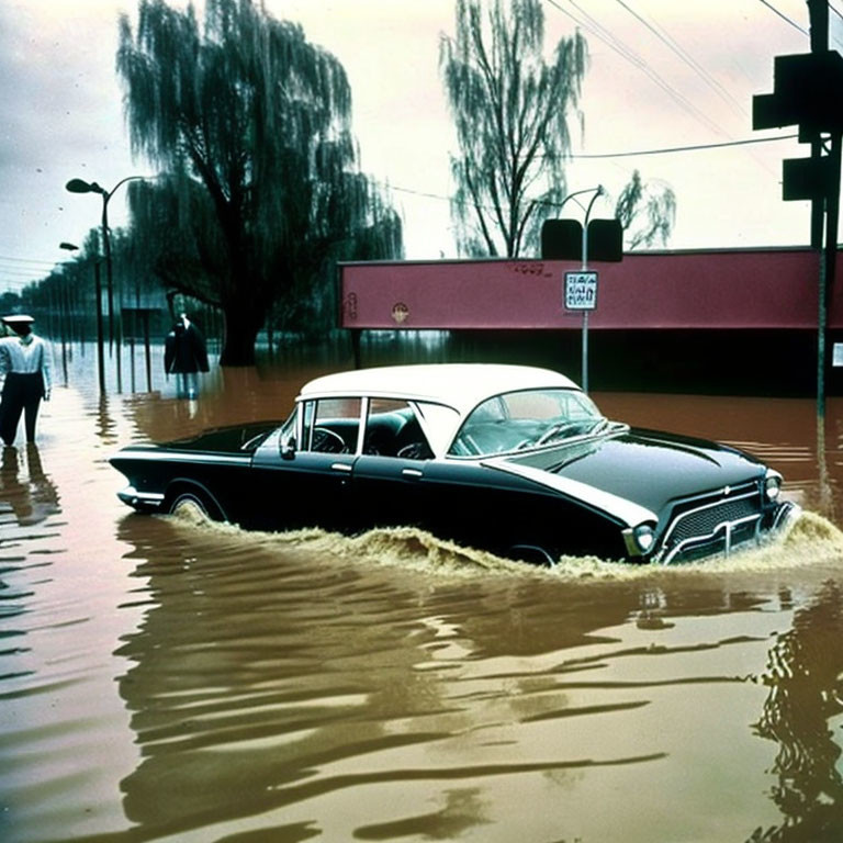 Colourise this old photo of a car in a flood.