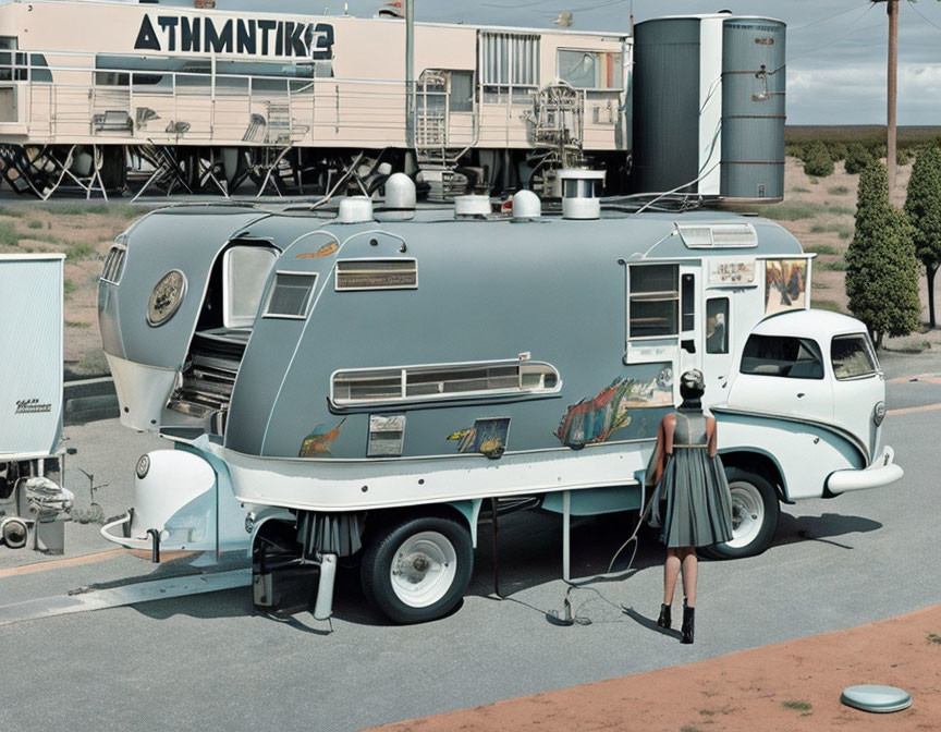 Vintage blue and white caravan and car with person, Greek writing, industrial backdrop