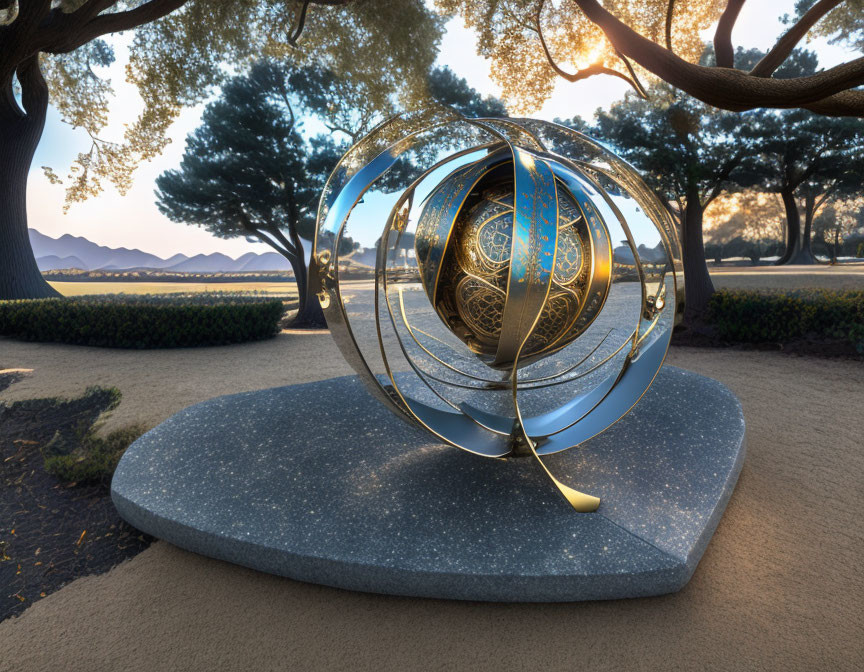 Spherical Sculpture with Concentric Rings Outdoors at Sunset