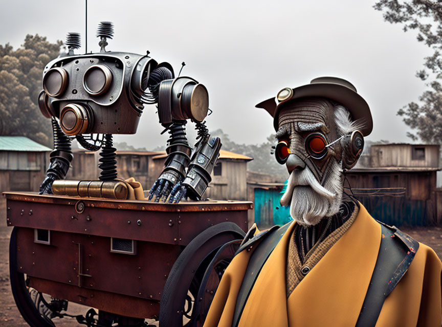 Elderly man with goggles next to steampunk robot