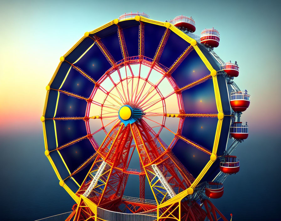 Colorful Ferris Wheel at Twilight with Red Framework and Gondolas