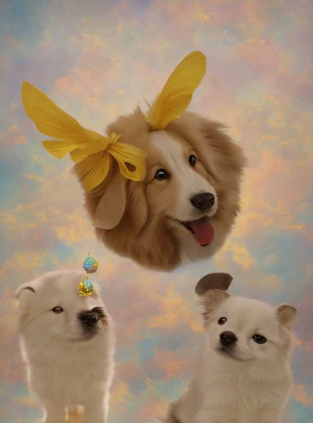 Three dogs with human-like expressions under pastel sky