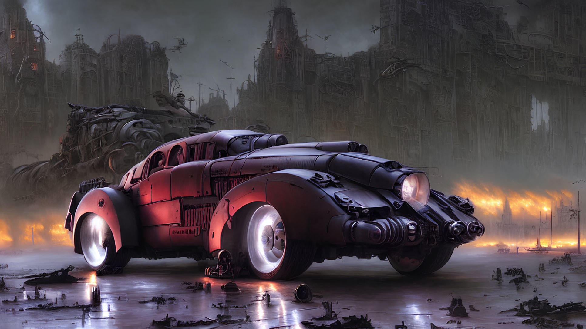 Futuristic red car in dystopian cityscape with large wheels