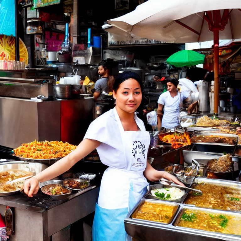 Woman at Colorful Street Food Stall Smiling