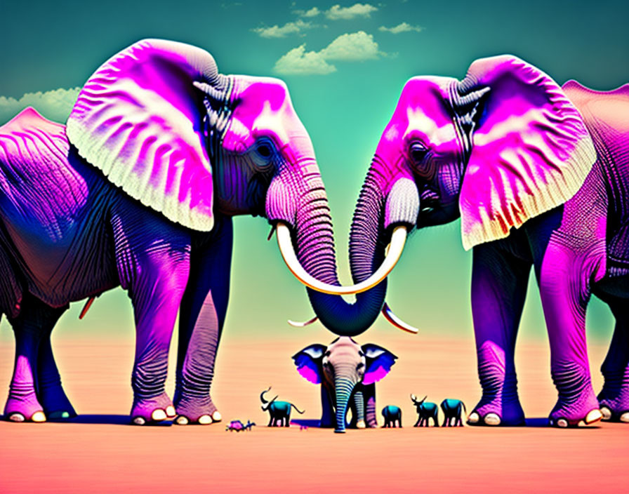 Elephants with pink tusks and rhinos w pink horns.