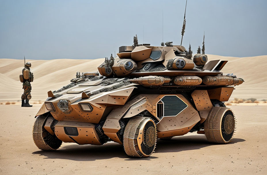 Advanced Futuristic Military Tank with Multiple Barrels in Desert Setting