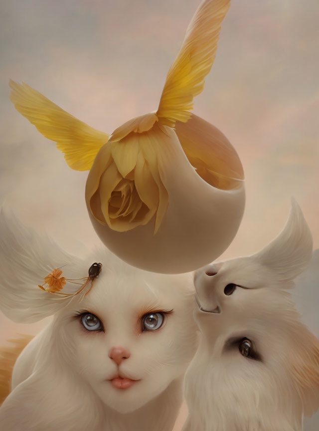 Fantastical white felines with blue eyes and blooming flower illustration