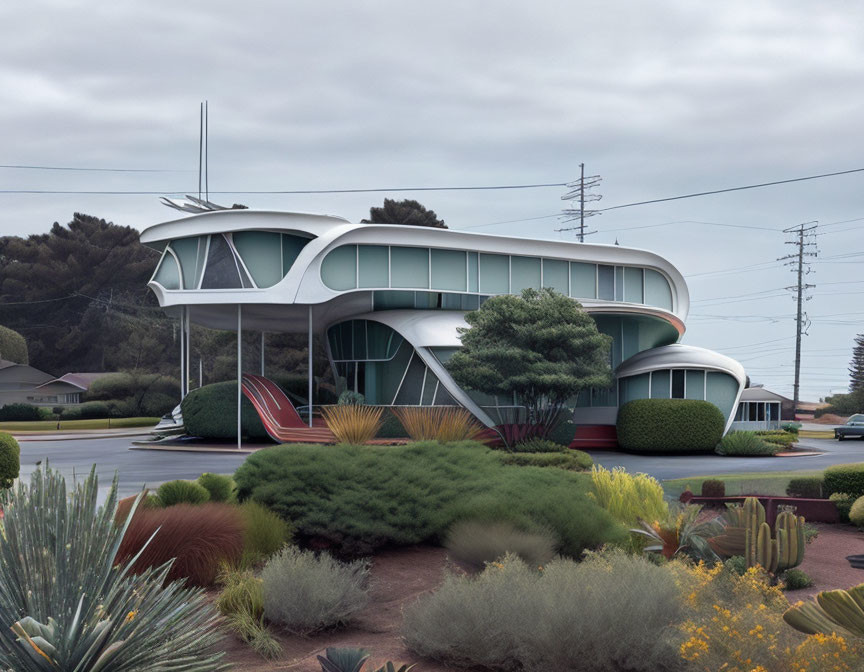 Futuristic building with smooth curves, glass panes, lush vegetation, under cloudy sky