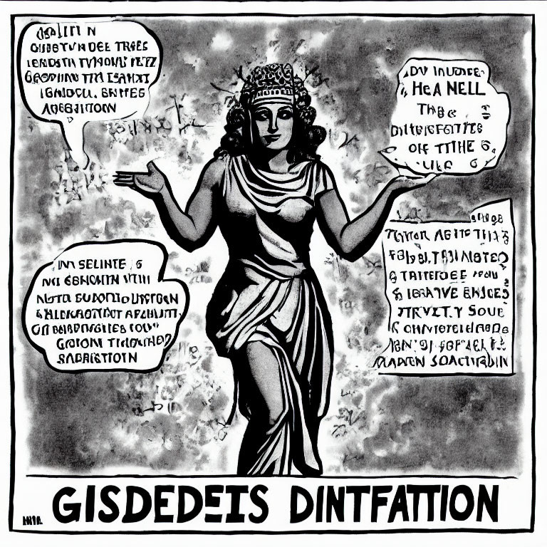 Monochrome drawing of statue with ancient inscriptions and phrase "GISDETS DINTFATION