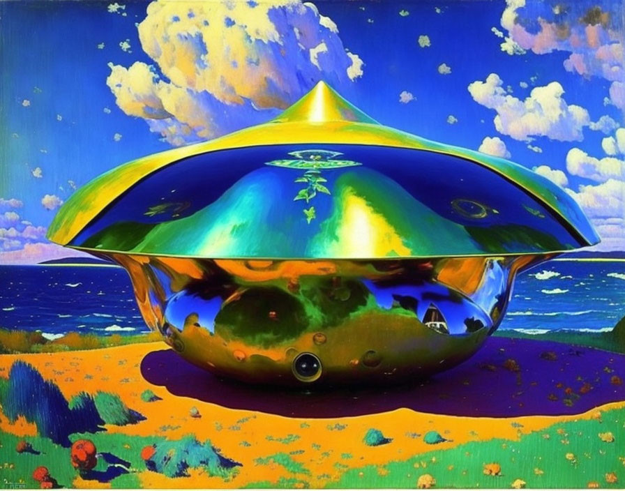 Colorful UFO Painting Over Vibrant Landscape