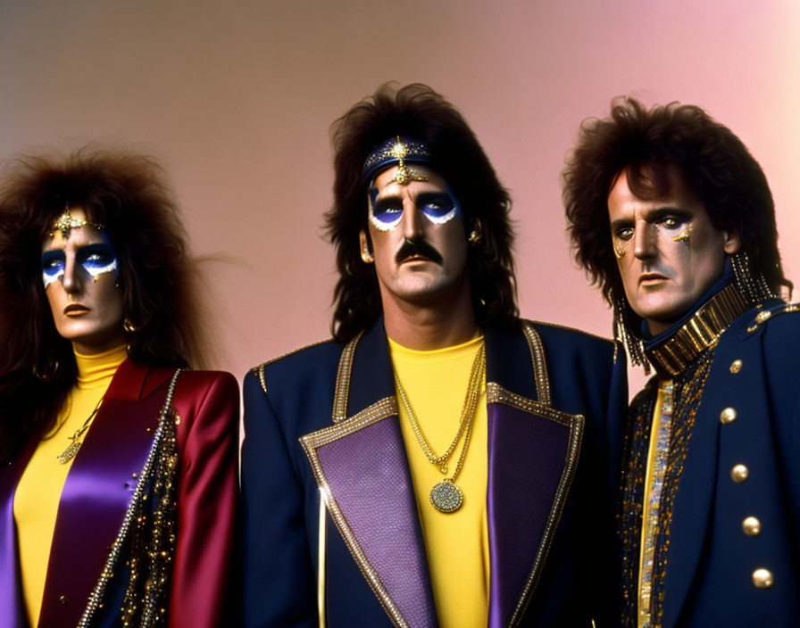 Three individuals in dramatic makeup and 80s glam rock attire on pink background